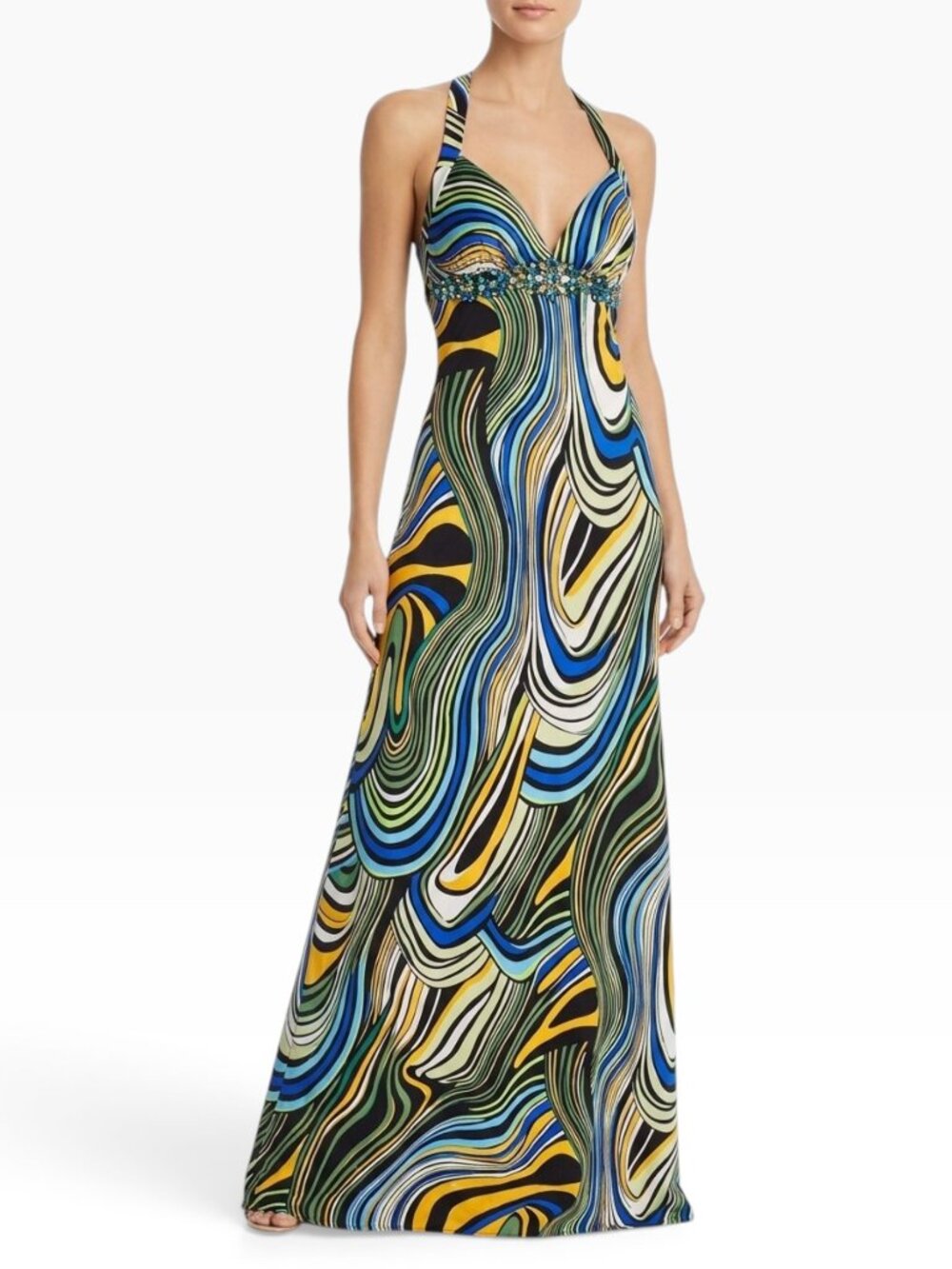 Faviana Couture Beaded Swirl Print Charmeuse Bias Cut Empire Gown Dress NWT 4